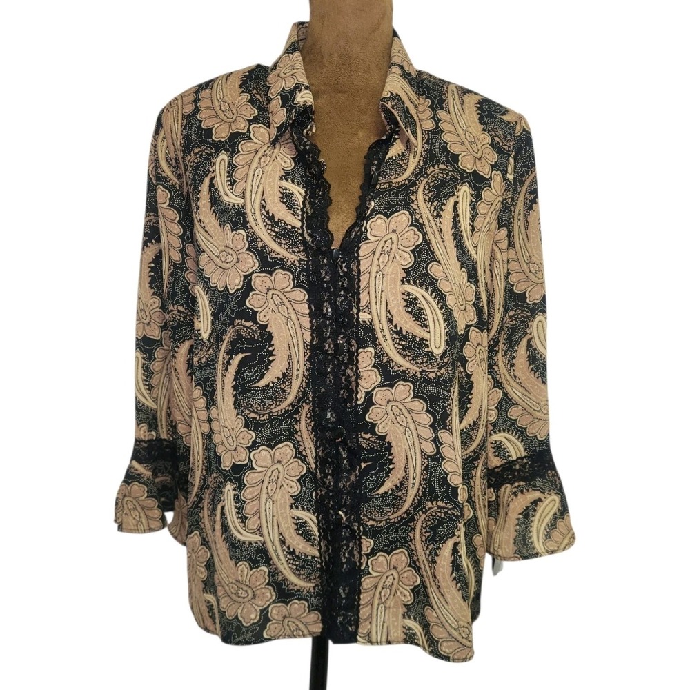 Studio 1 Button Up Lace Accented Brown Black Paisley Flowy Blouse Classy 12P New